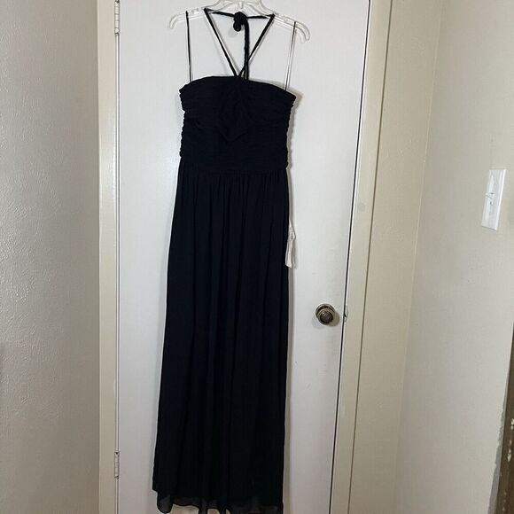NEW! Dress the Population Aura Bandeau halter high slit chiffon black gown large - Picture 6 of 12